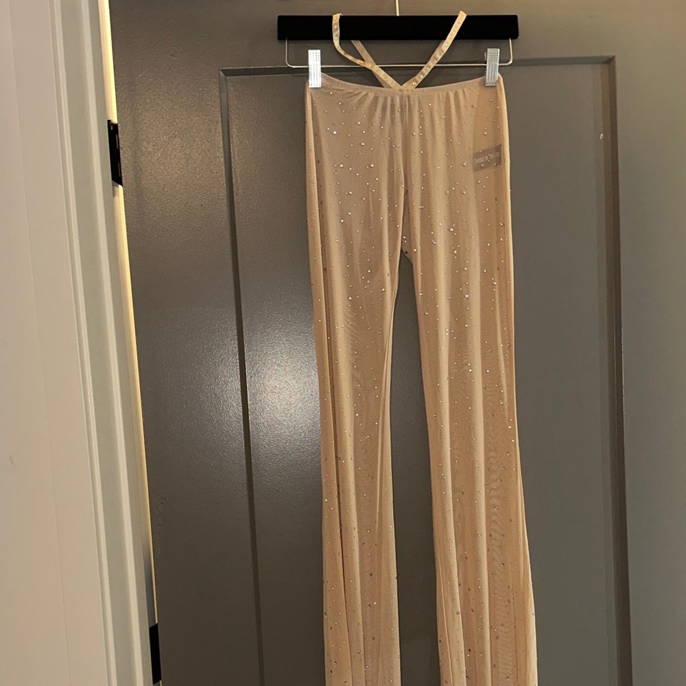 Trickz n Treatz Nude Crystal Rhinestone Pants with Thong Strap